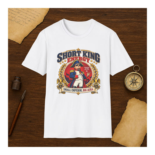 Short King Energy Napoleon T-Shirt, Funny Small Emperor Big Aura Tee, Humorous Napoleon Bonaparte Graphic Shirt