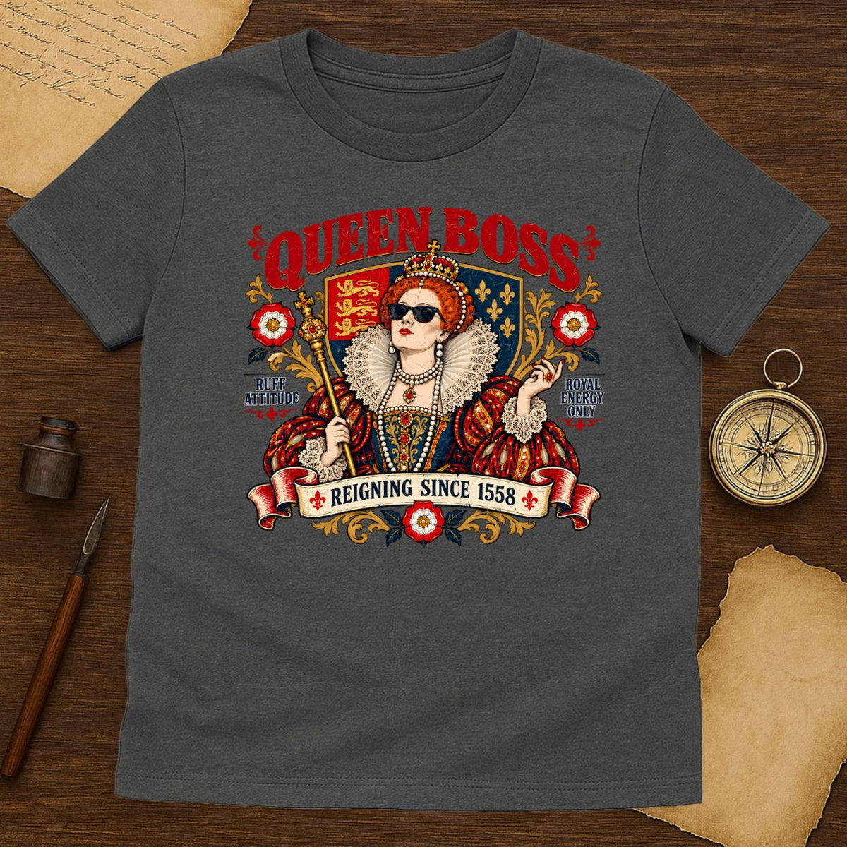Queen Boss Elizabeth I Graphic Tee, Tudor Queen in Sunglasses