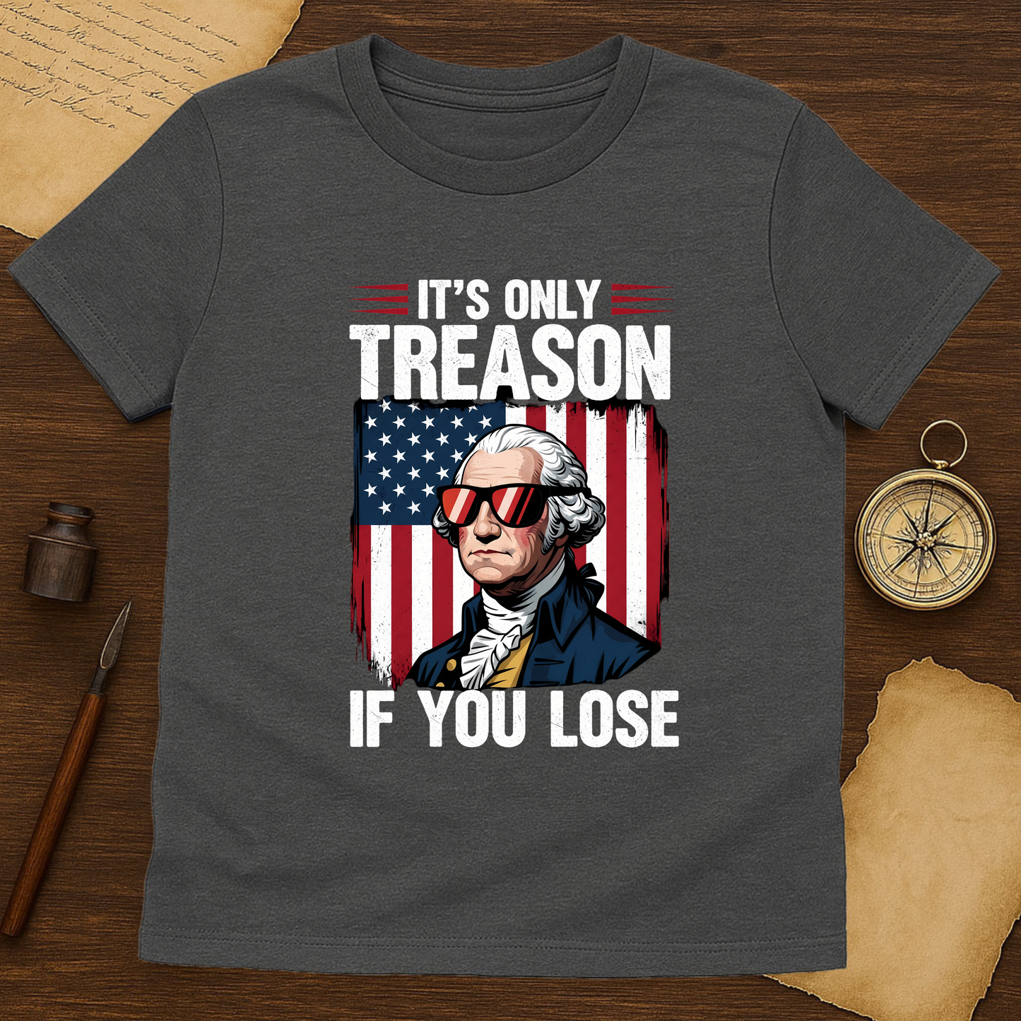 T-shirt with a graphic of a historical figure and American flag text on a wooden surface