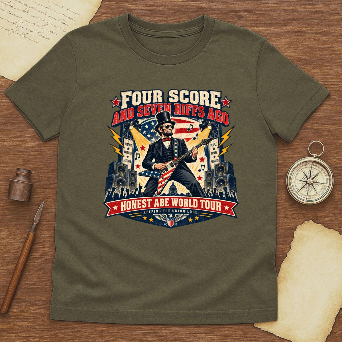 Abraham Lincoln Rock Guitar Tee - Patriotic American Flag Concert Shirt