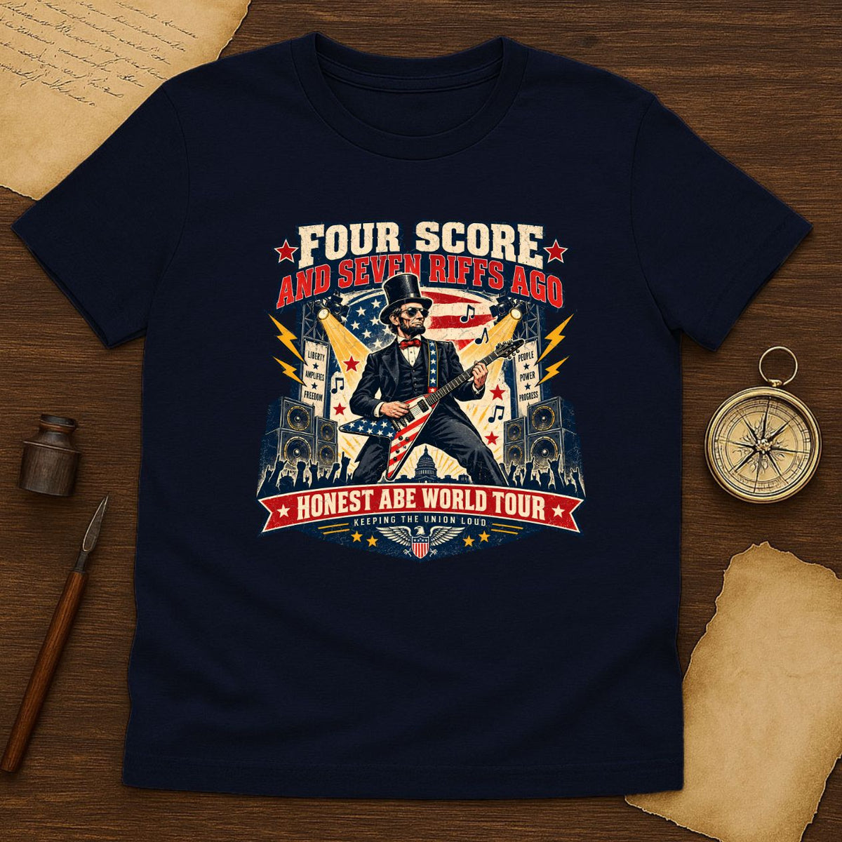 Abraham Lincoln Rock Guitar Tee - Patriotic American Flag Concert Shirt