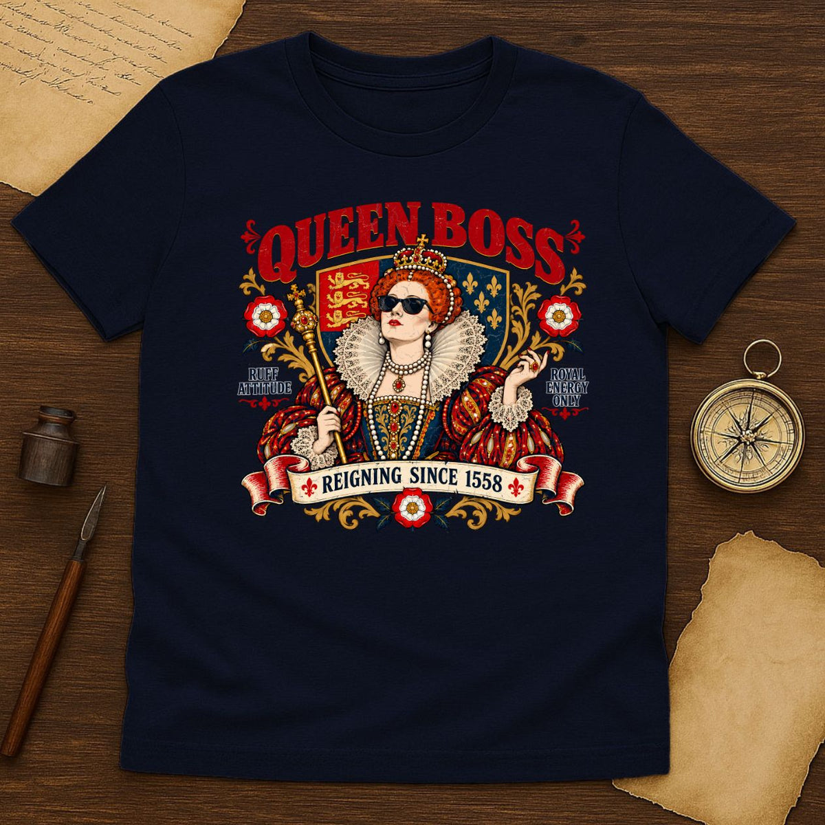 Queen Boss Elizabeth I Graphic Tee, Tudor Queen in Sunglasses
