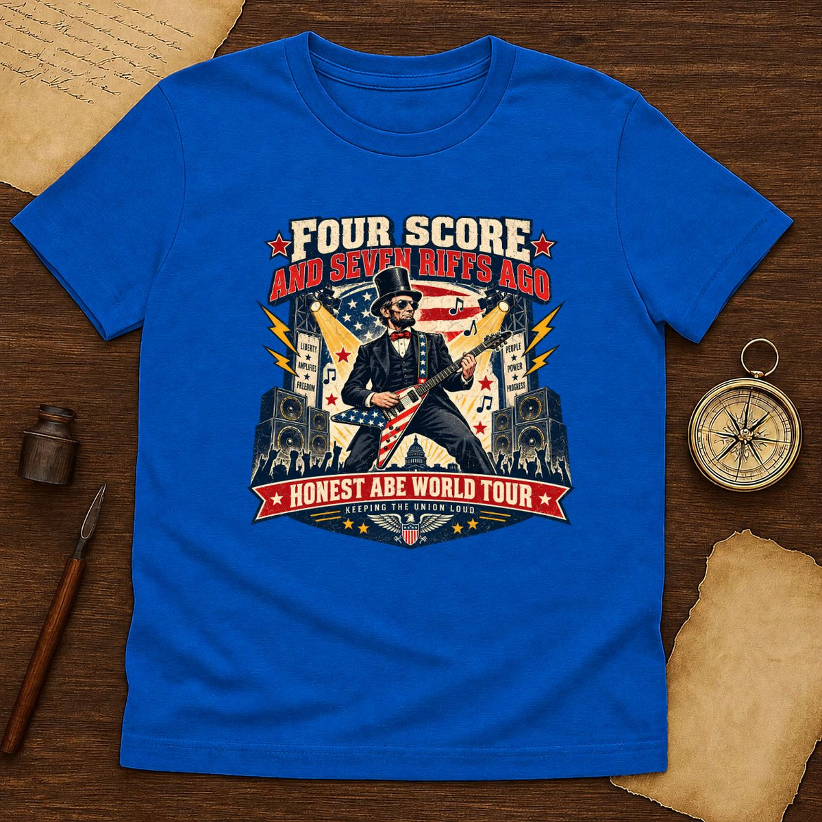 Abraham Lincoln Rock Guitar Tee - Patriotic American Flag Concert Shirt