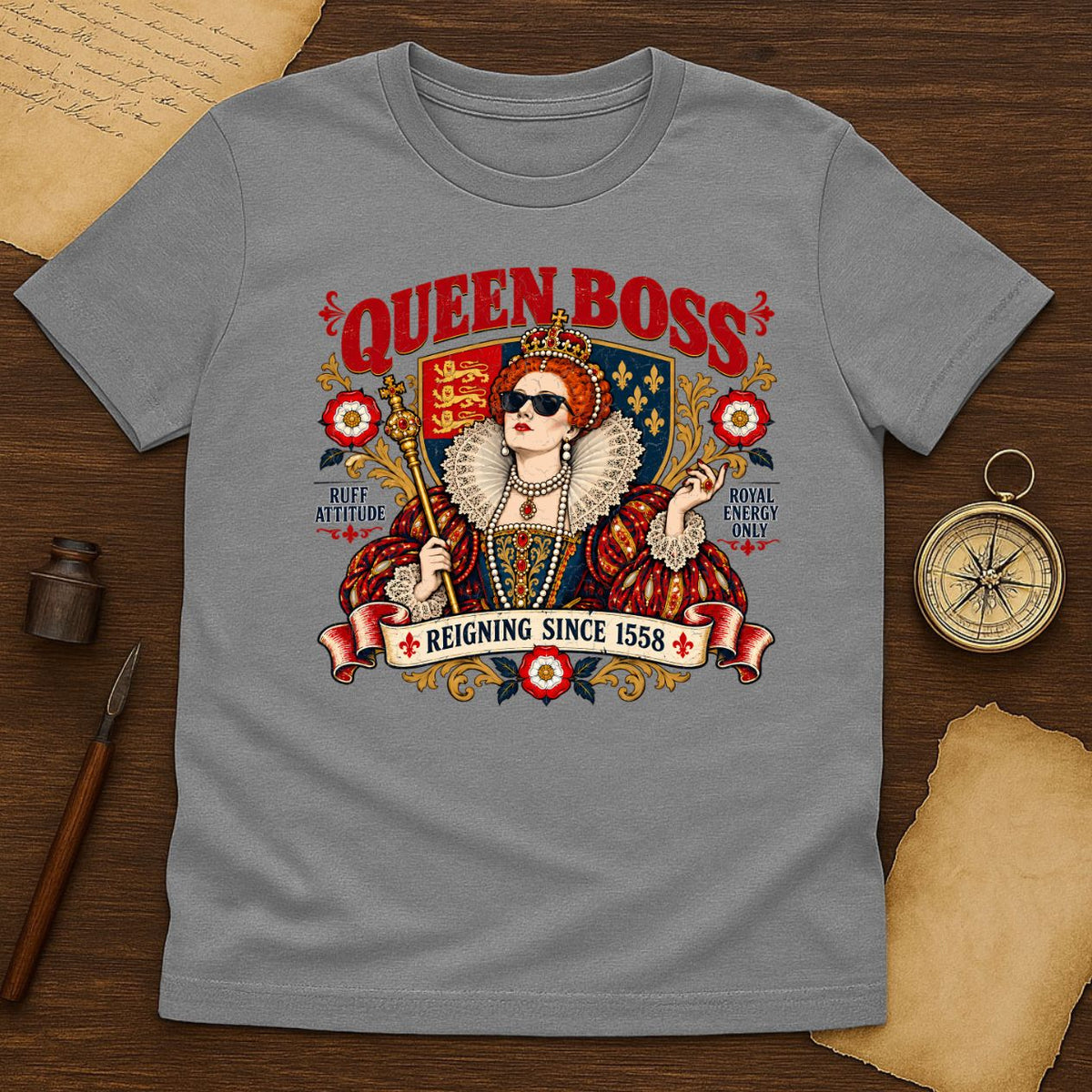 Queen Boss Elizabeth I Graphic Tee, Tudor Queen in Sunglasses