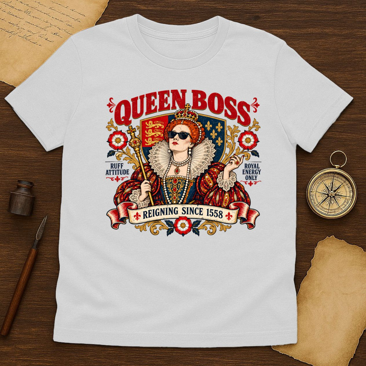 Queen Boss Elizabeth I Graphic Tee, Tudor Queen in Sunglasses