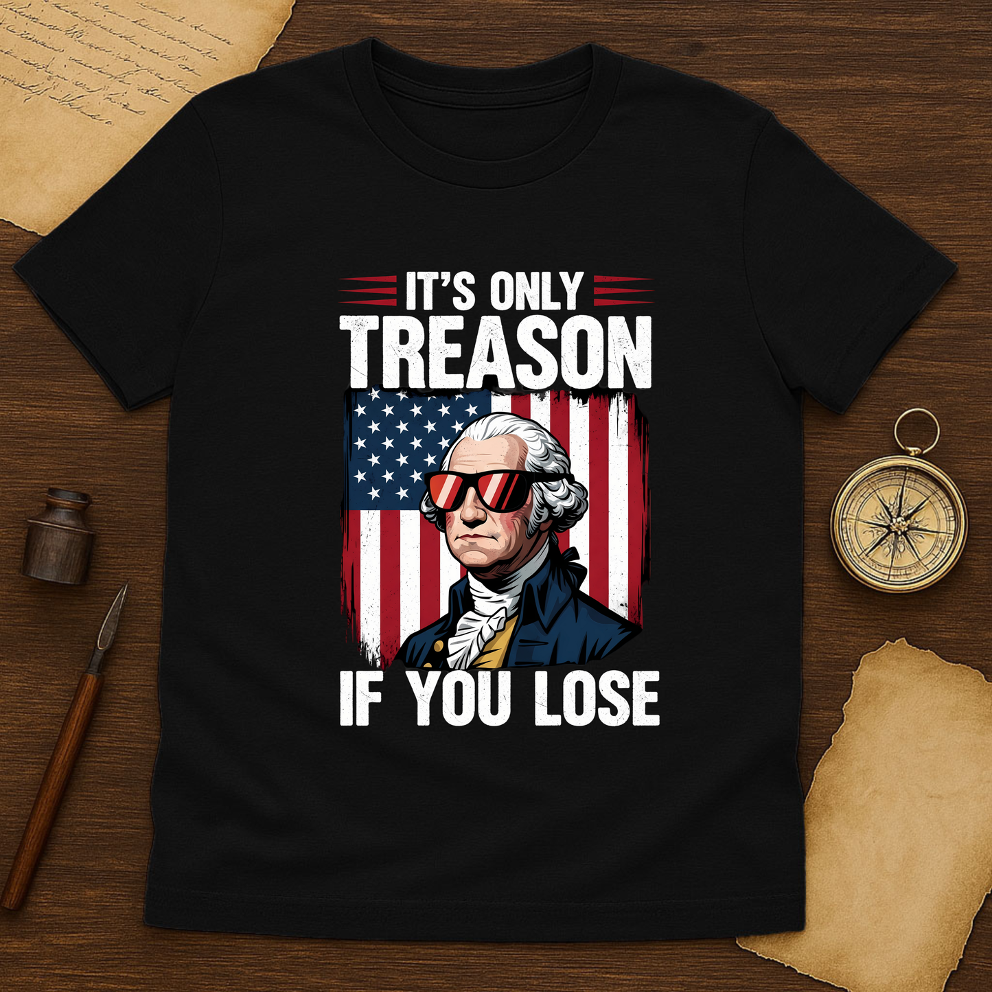 Black t-shirt with a graphic of a historical figure and American flag text on a wooden surface.