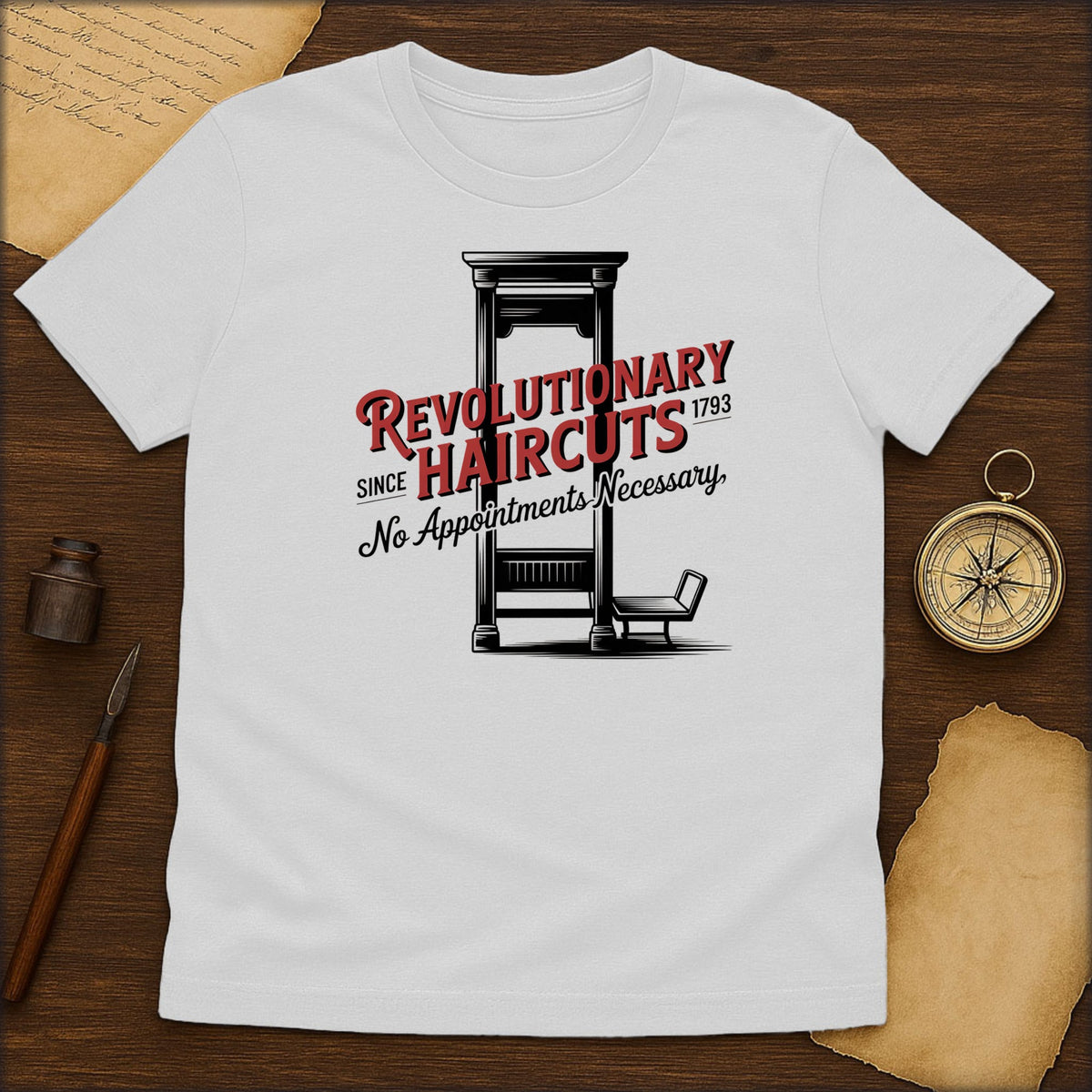 Revolutionary Haircuts T-Shirt — "No Appointments Necessary" Colonial Barber Tee - History Shirt Club