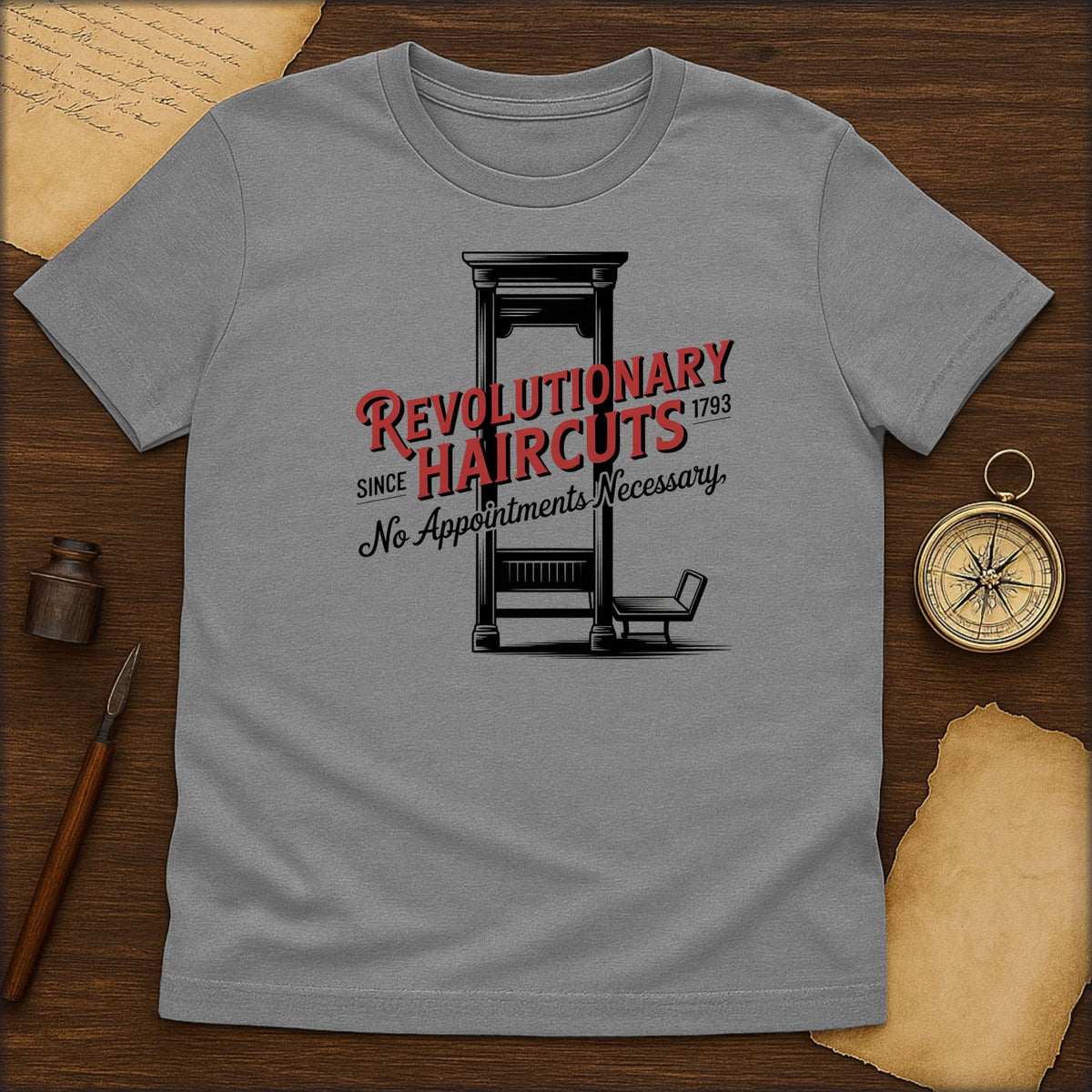 Revolutionary Haircuts T-Shirt — "No Appointments Necessary" Colonial Barber Tee - History Shirt Club