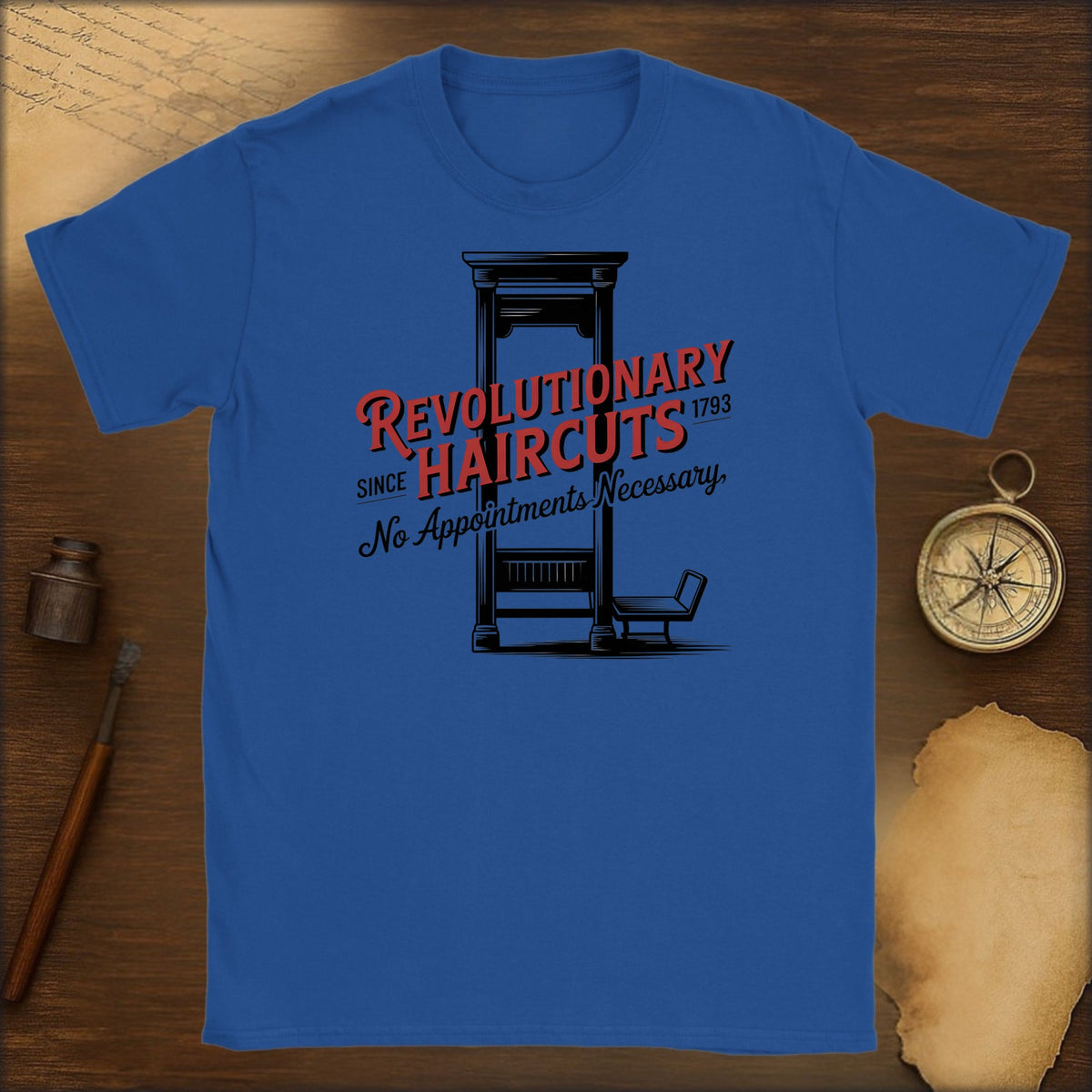 Revolutionary Haircuts T-Shirt — "No Appointments Necessary" Colonial Barber Tee - History Shirt Club