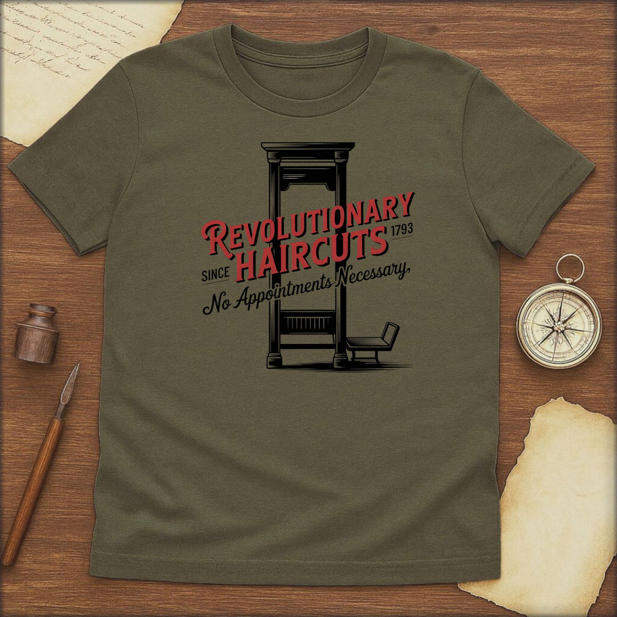 Revolutionary Haircuts T-Shirt — "No Appointments Necessary" Colonial Barber Tee - History Shirt Club