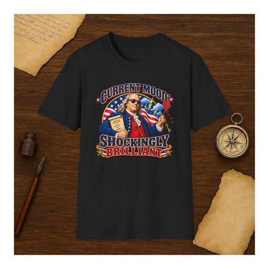 Ben Franklin Kite and Lightning T-Shirt, Funny Founding Father Patriotic Tee, Current Mood Shockingly Brilliant