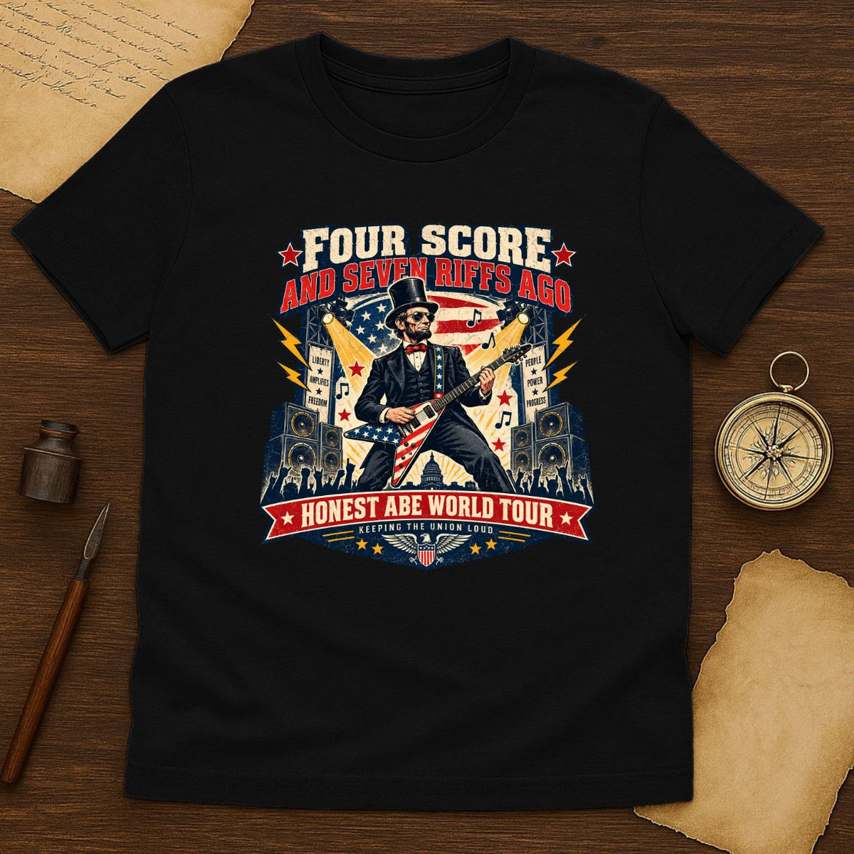 Abraham Lincoln Rock Guitar Tee - Patriotic American Flag Concert Shirt