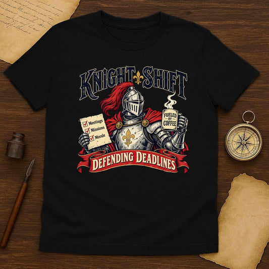 Funny Knight Shift T-Shirt - Coffee Powered Graphic Tee for Deadline Defenders