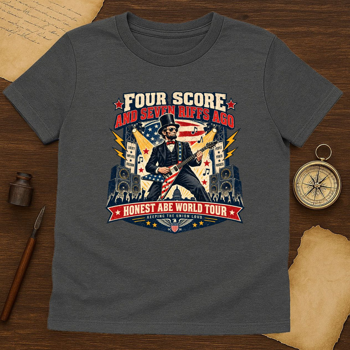 Abraham Lincoln Rock Guitar Tee - Patriotic American Flag Concert Shirt