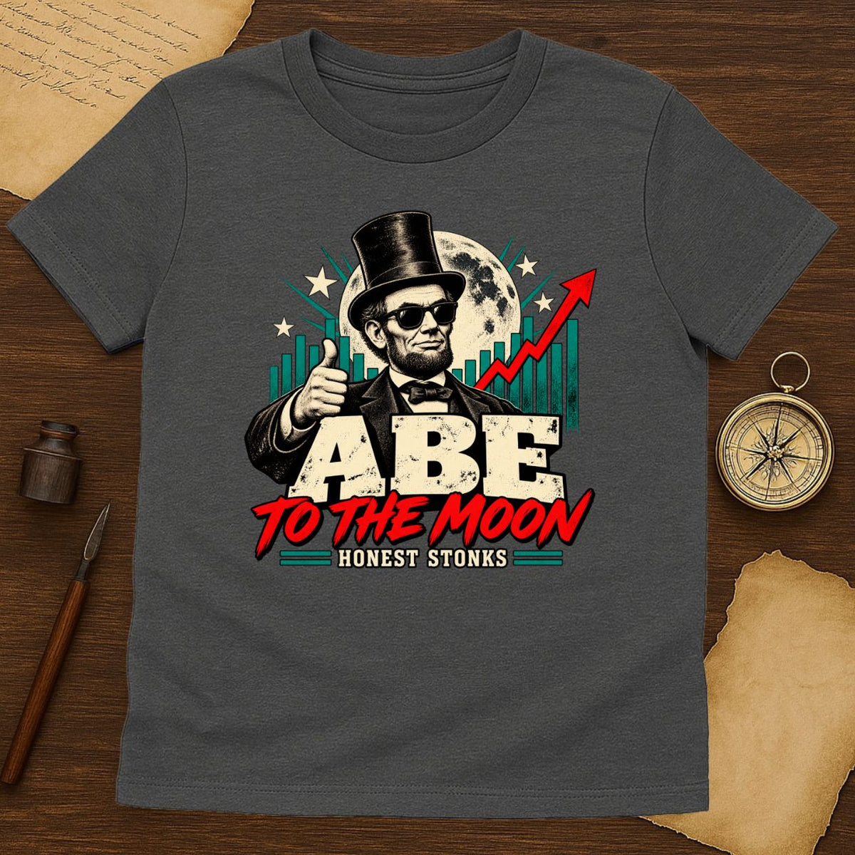 Funny Abe Lincoln to the Moon T-Shirt | Retro Crypto Market Graphic Tee