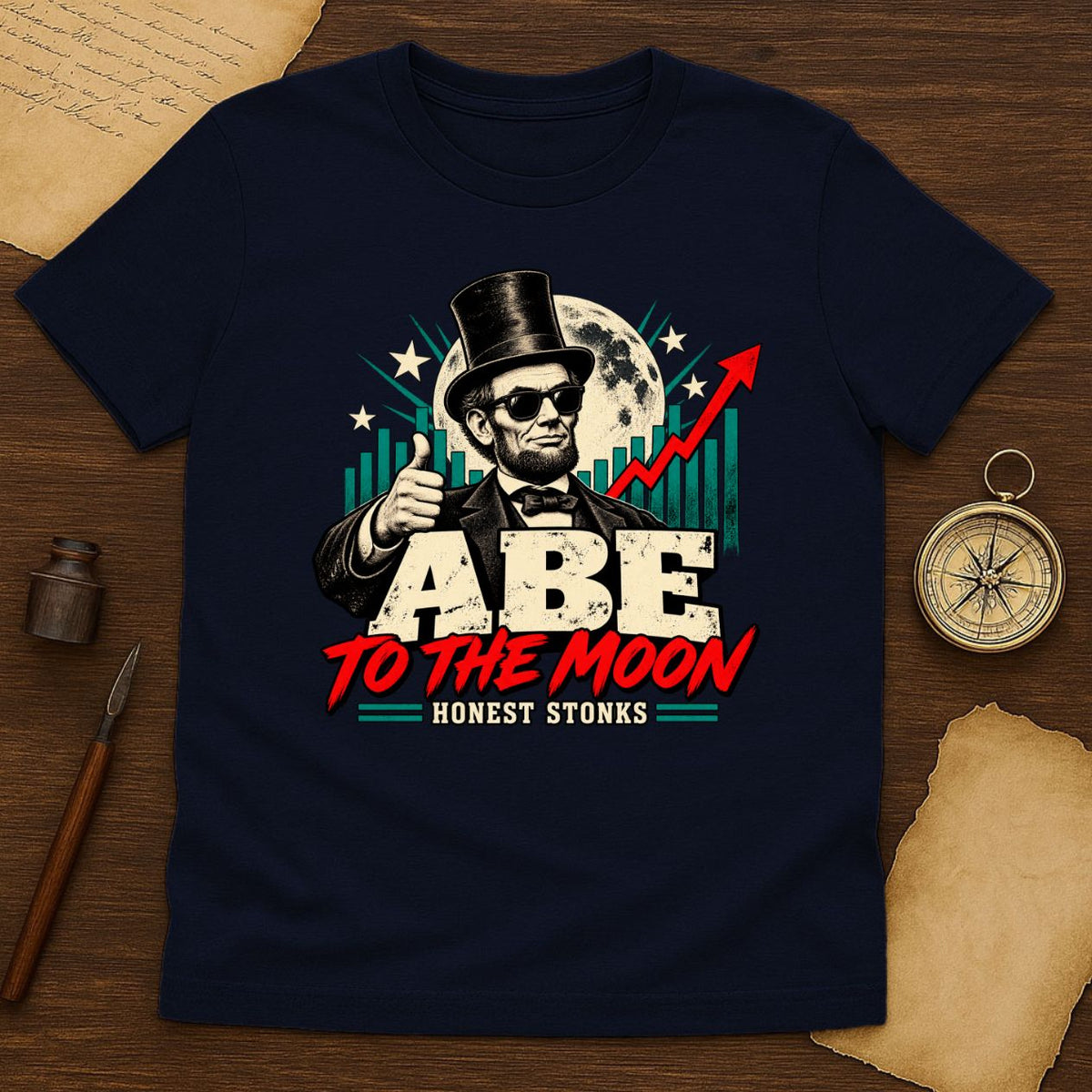 Funny Abe Lincoln to the Moon T-Shirt | Retro Crypto Market Graphic Tee