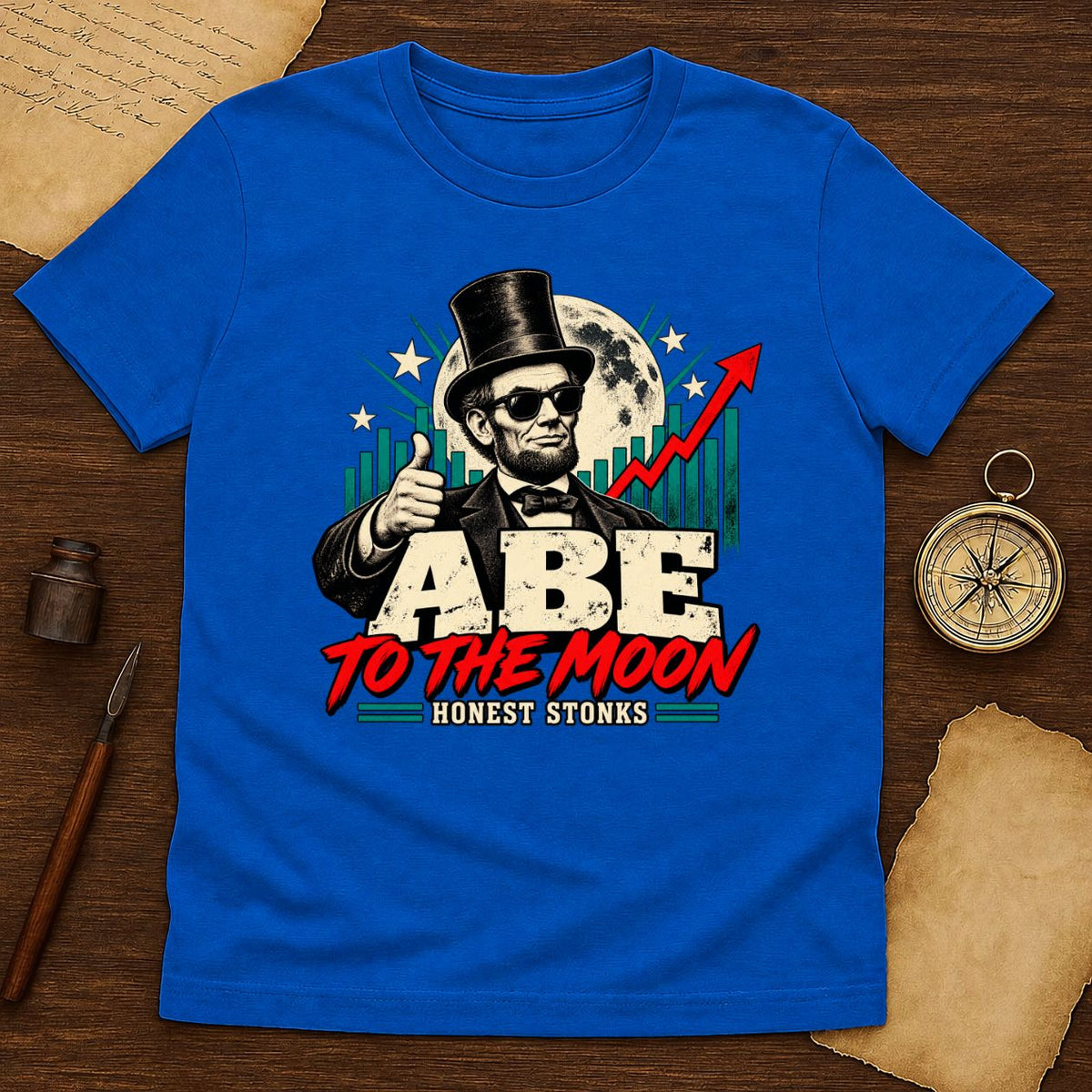 Funny Abe Lincoln to the Moon T-Shirt | Retro Crypto Market Graphic Tee