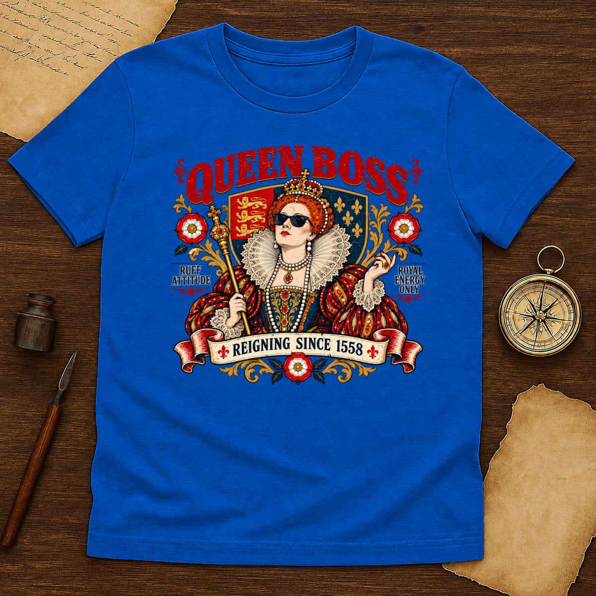 Queen Boss Elizabeth I Graphic Tee, Tudor Queen in Sunglasses