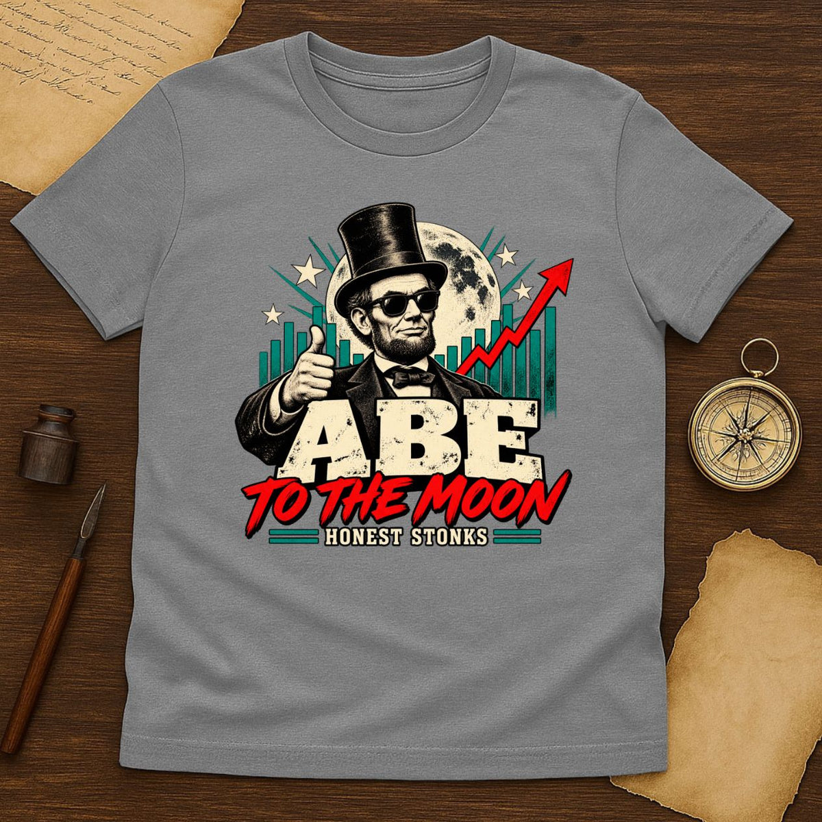 Funny Abe Lincoln to the Moon T-Shirt | Retro Crypto Market Graphic Tee