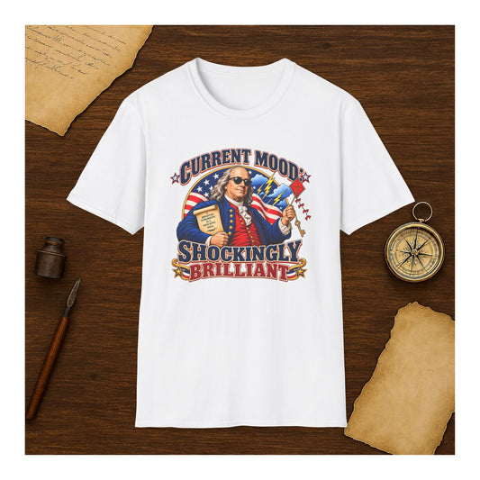 Ben Franklin Kite and Lightning T-Shirt, Funny Founding Father Patriotic Tee, Current Mood Shockingly Brilliant - History Shirt Club