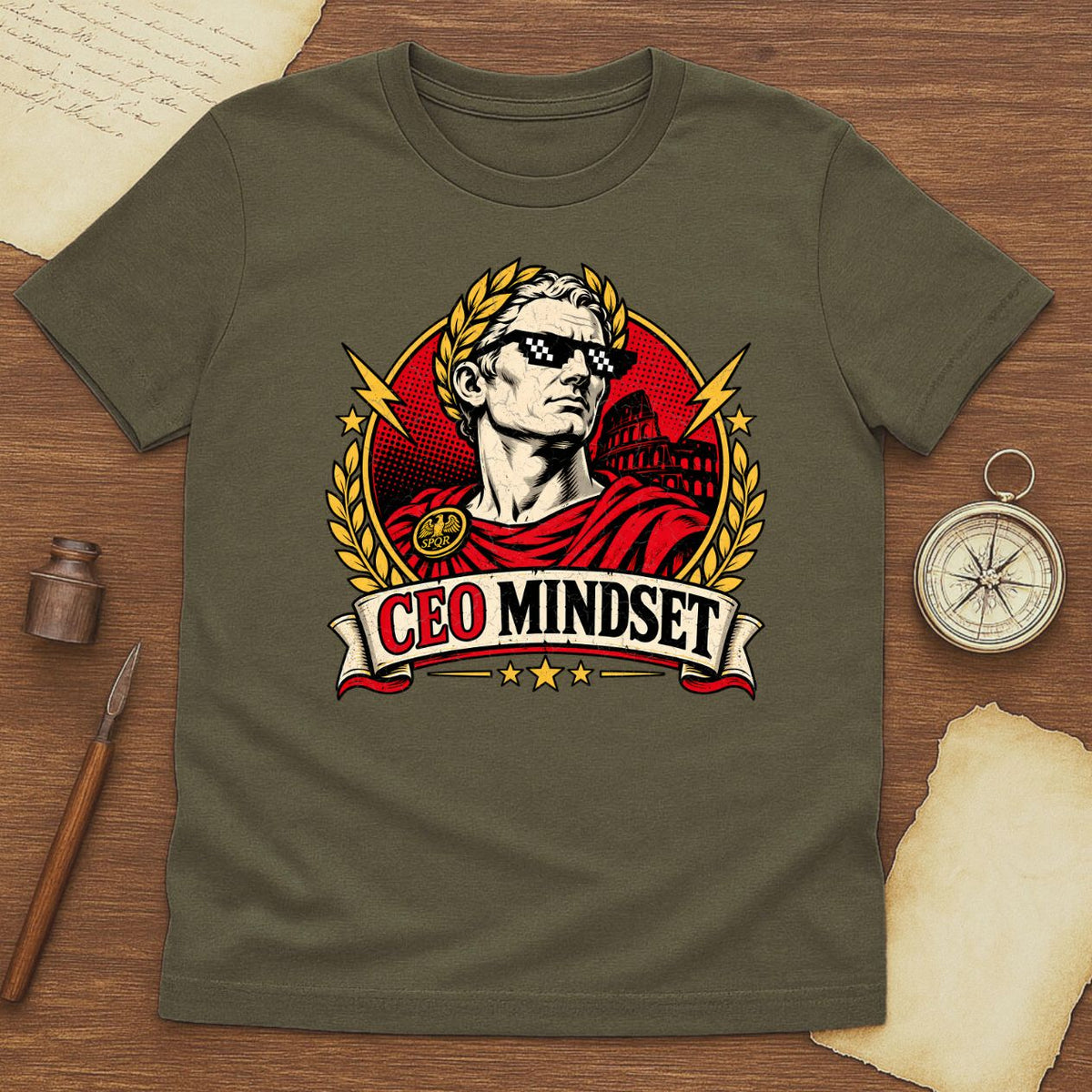 CEO Mindset Roman Emperor Tee: Julius Caesar Pixel Sunglasses Shirt for Hustlers - History Shirt Club