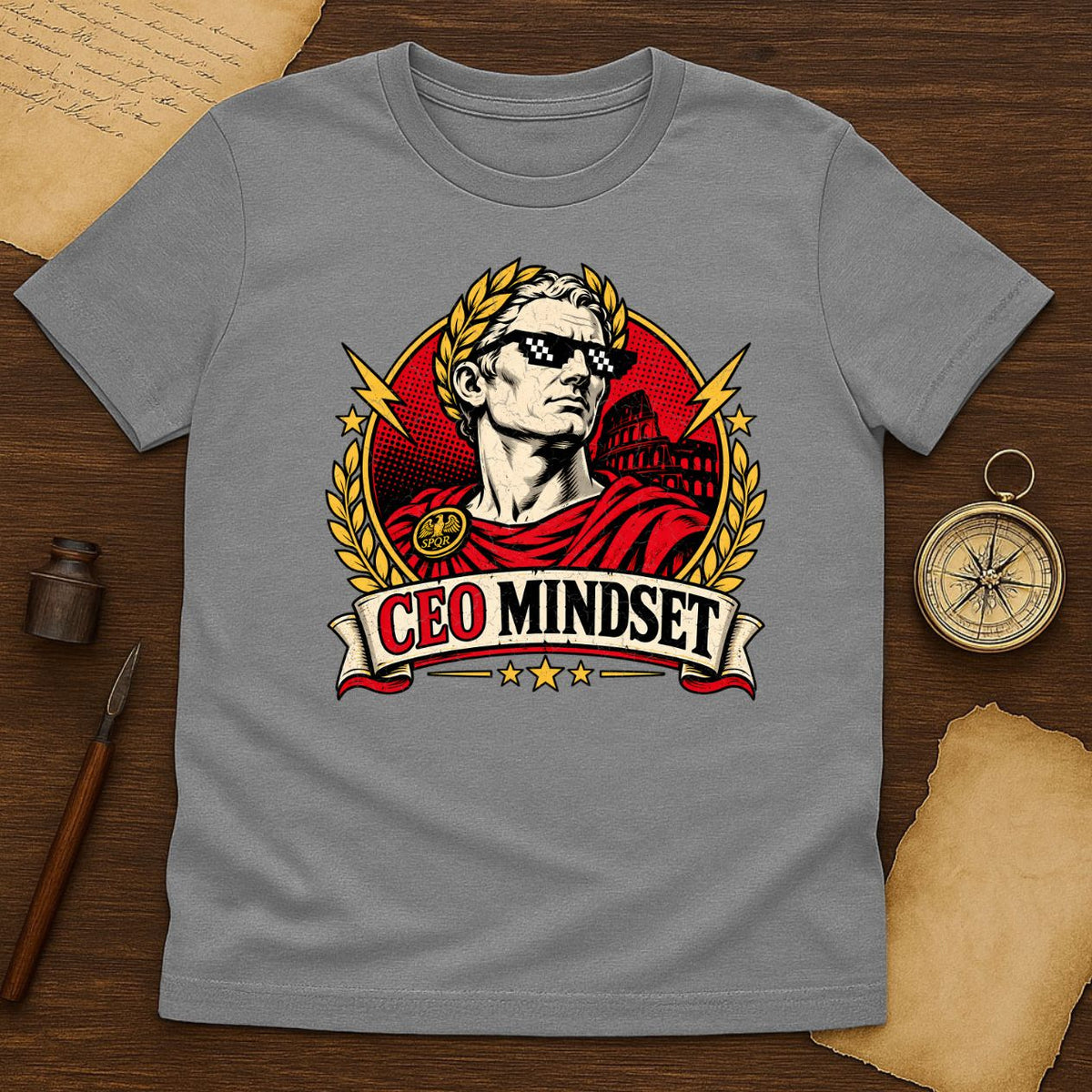 CEO Mindset Roman Emperor Tee: Julius Caesar Pixel Sunglasses Shirt for Hustlers - History Shirt Club