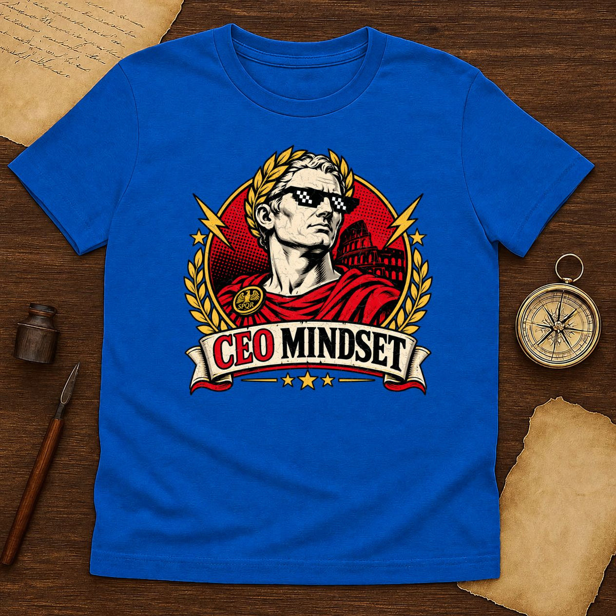CEO Mindset Roman Emperor Tee: Julius Caesar Pixel Sunglasses Shirt for Hustlers - History Shirt Club